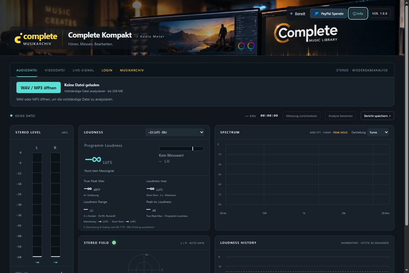 Programmoberfläche von Complete-Kompakt mit Stereo-Pegeln, LUFS-Lautheit, Frequenzspektrum und Stereo-Feld
