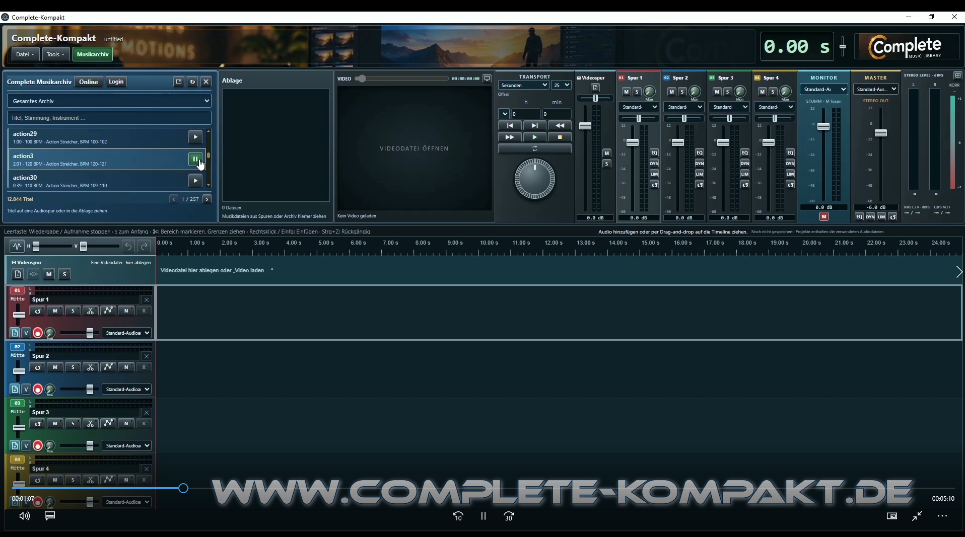 Vorschau des Complete-Kompakt Audio Editors mit Musikarchiv, Videovorschau, vier Audiospuren, Mischpult und Timeline