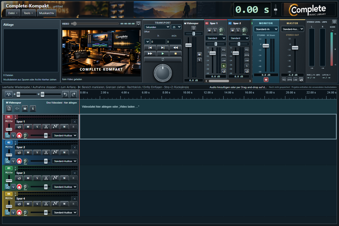 Originalansicht: Complete-Audio mit Mehrspur-Timeline, Videomonitor, Mixer und Stereo-Pegelanzeige